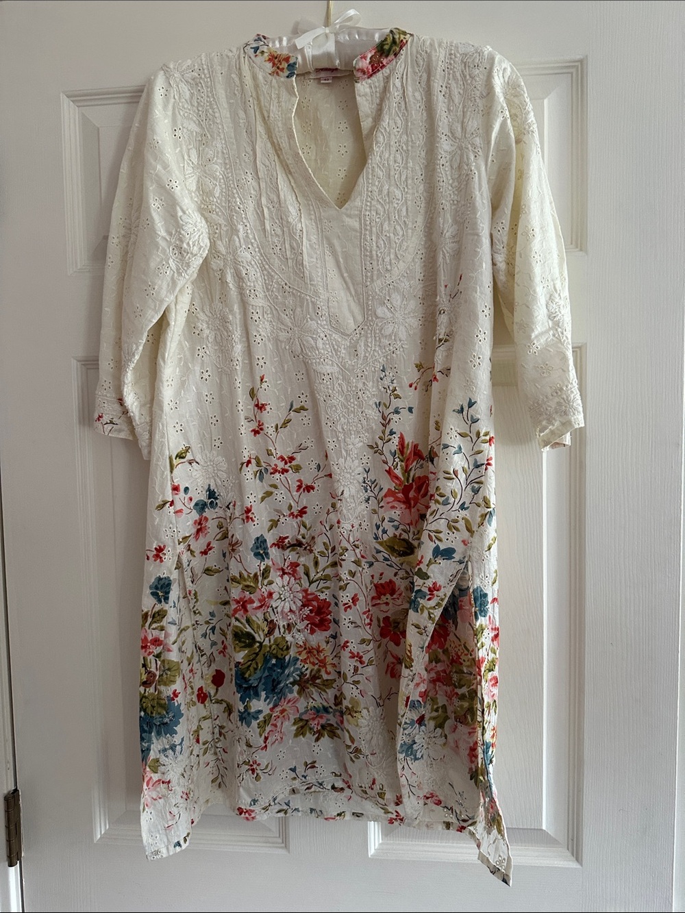 Maya Cream Eyelet Tunic with Red, Blue & Green Floral Print